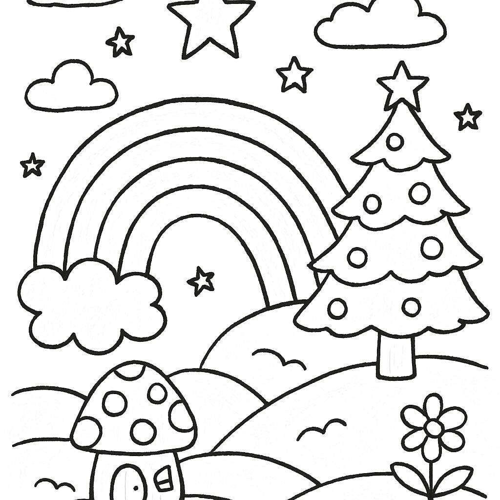 Disegno da colorare di un paesaggio incantato con arcobaleno e casa