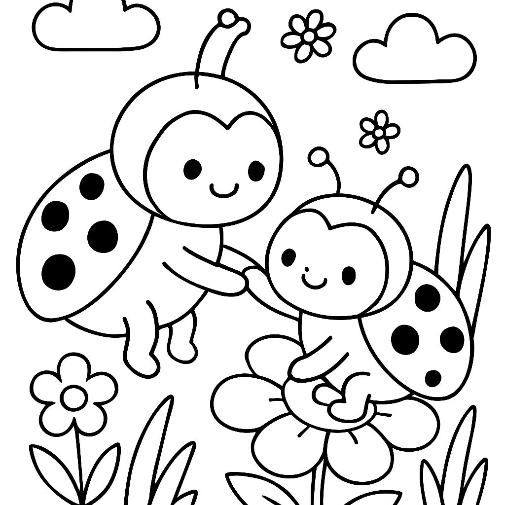 Disegno da colorare di coccinelle felici tra i fiori