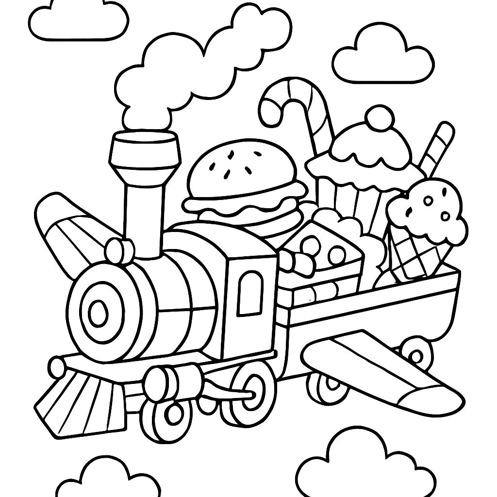 Treno dei dolci in volo: disegno da colorare creativo
