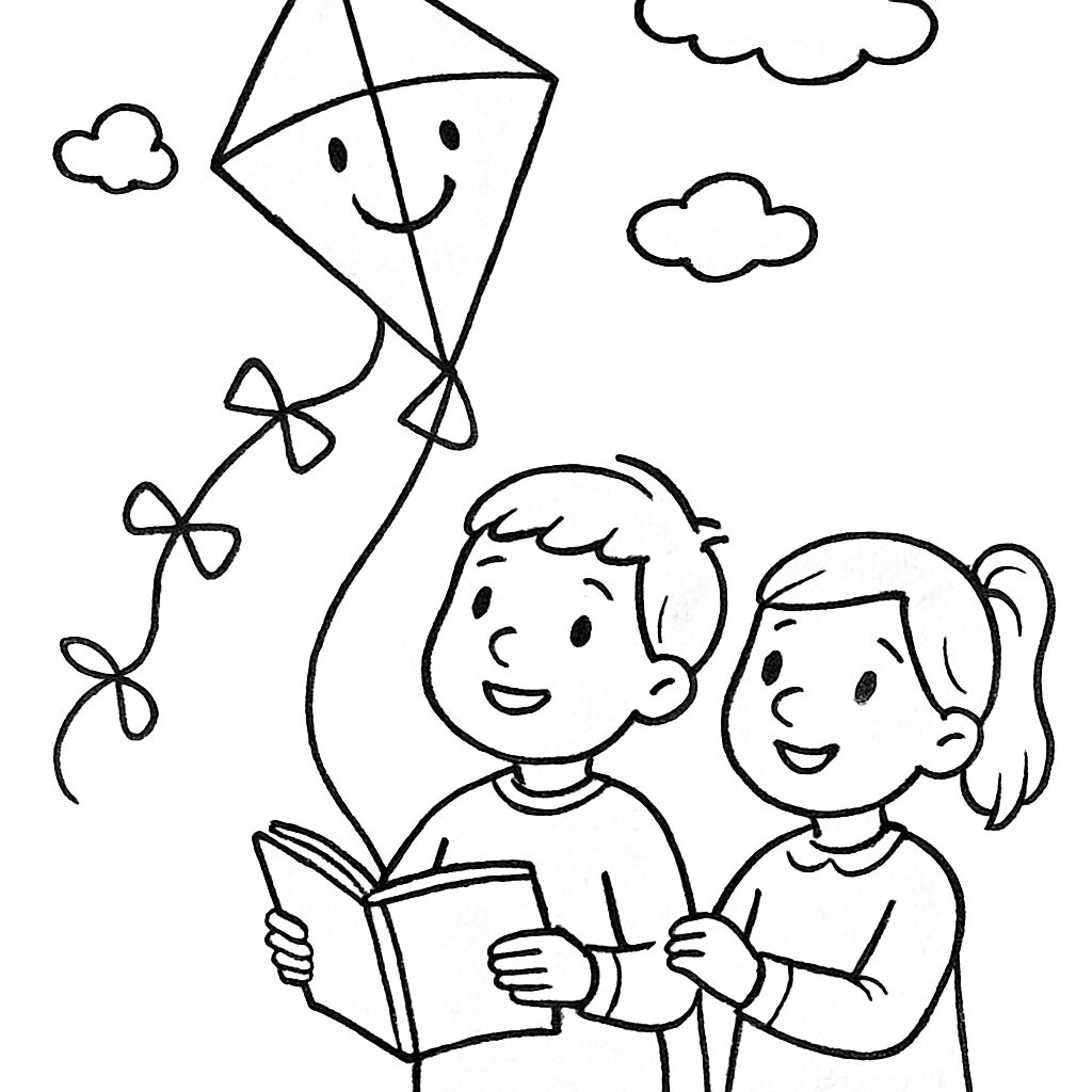 Bambini felici con un aquilone e un libro da colorare