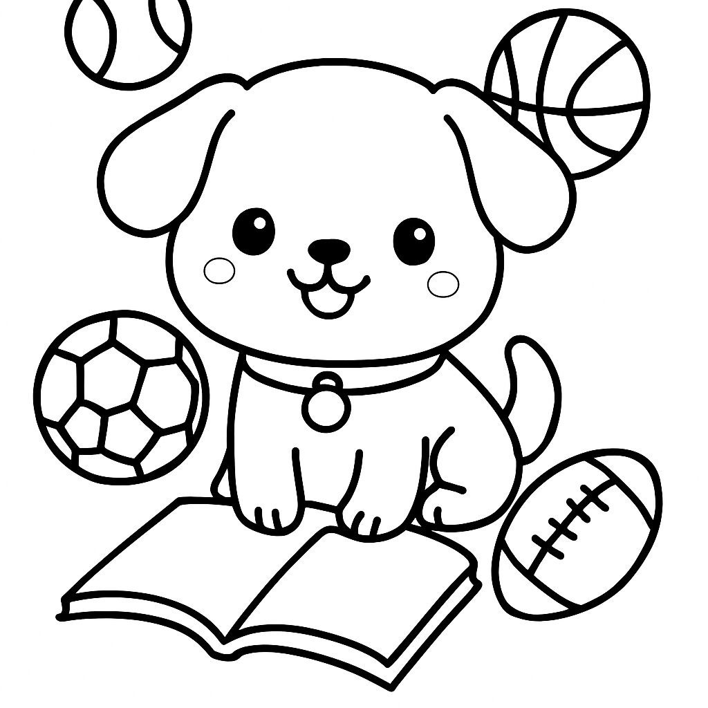 Cagnolino felice con palloni e libro da colorare