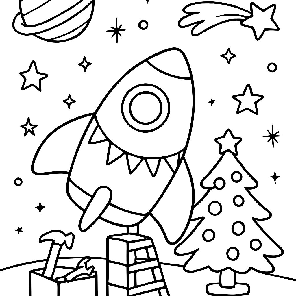 Razzo in partenza verso le stelle con albero di Natale da colorare