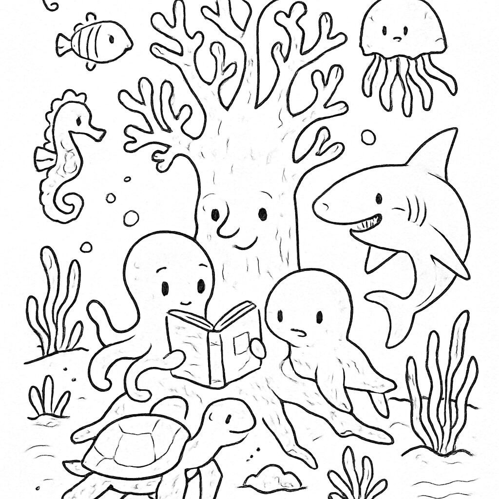 Avventure sottomarine: disegno da colorare di creature marine