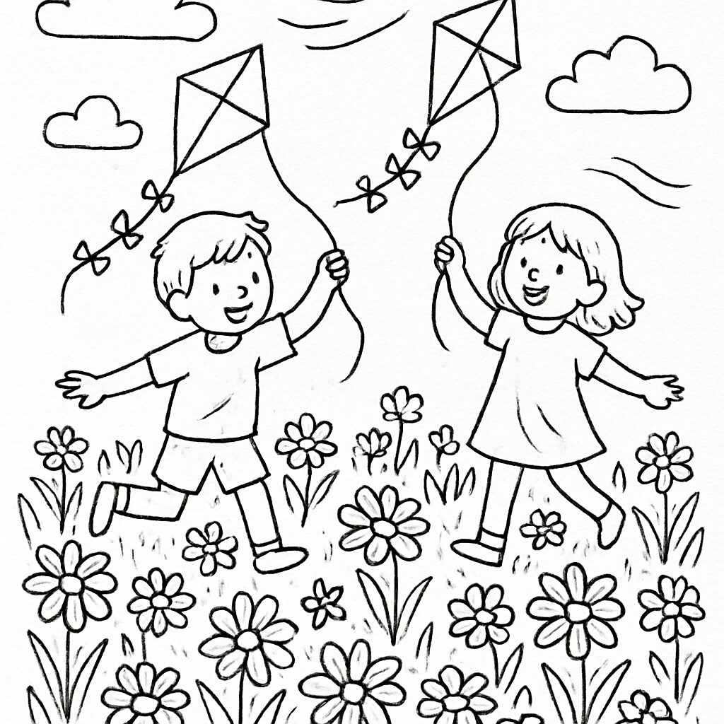 Bambini che volano aquiloni in un prato fiorito da colorare