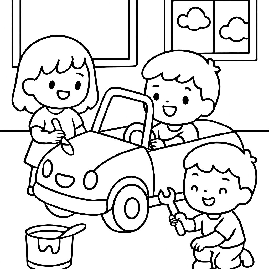 Bambini che colorano e riparano un’auto giocattolo