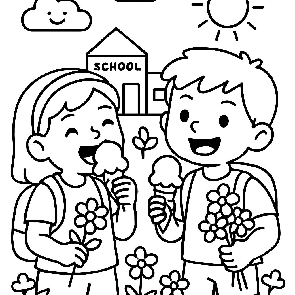 Gioia infantile con gelato e fiori davanti alla scuola