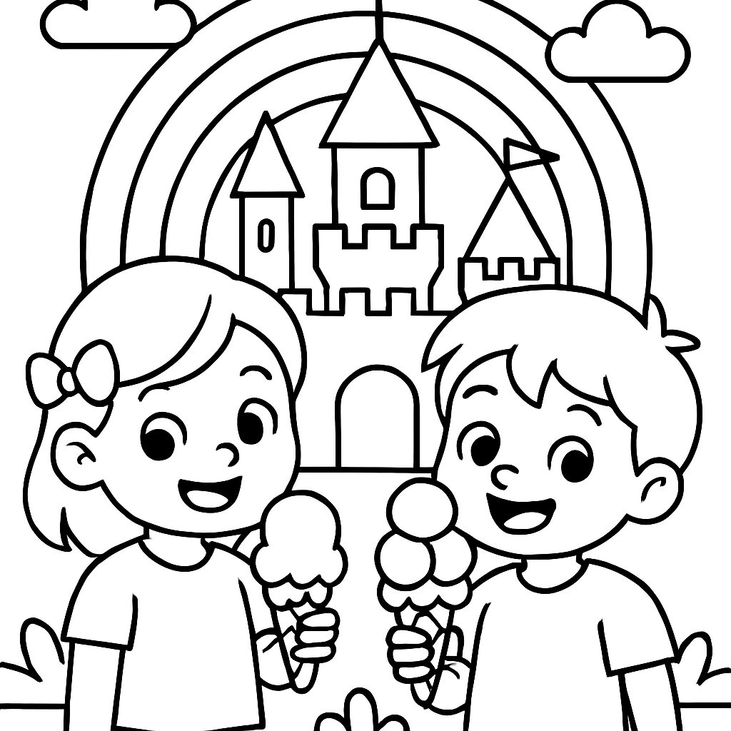 Bambini felici con gelati davanti a un castello e un arcobaleno
