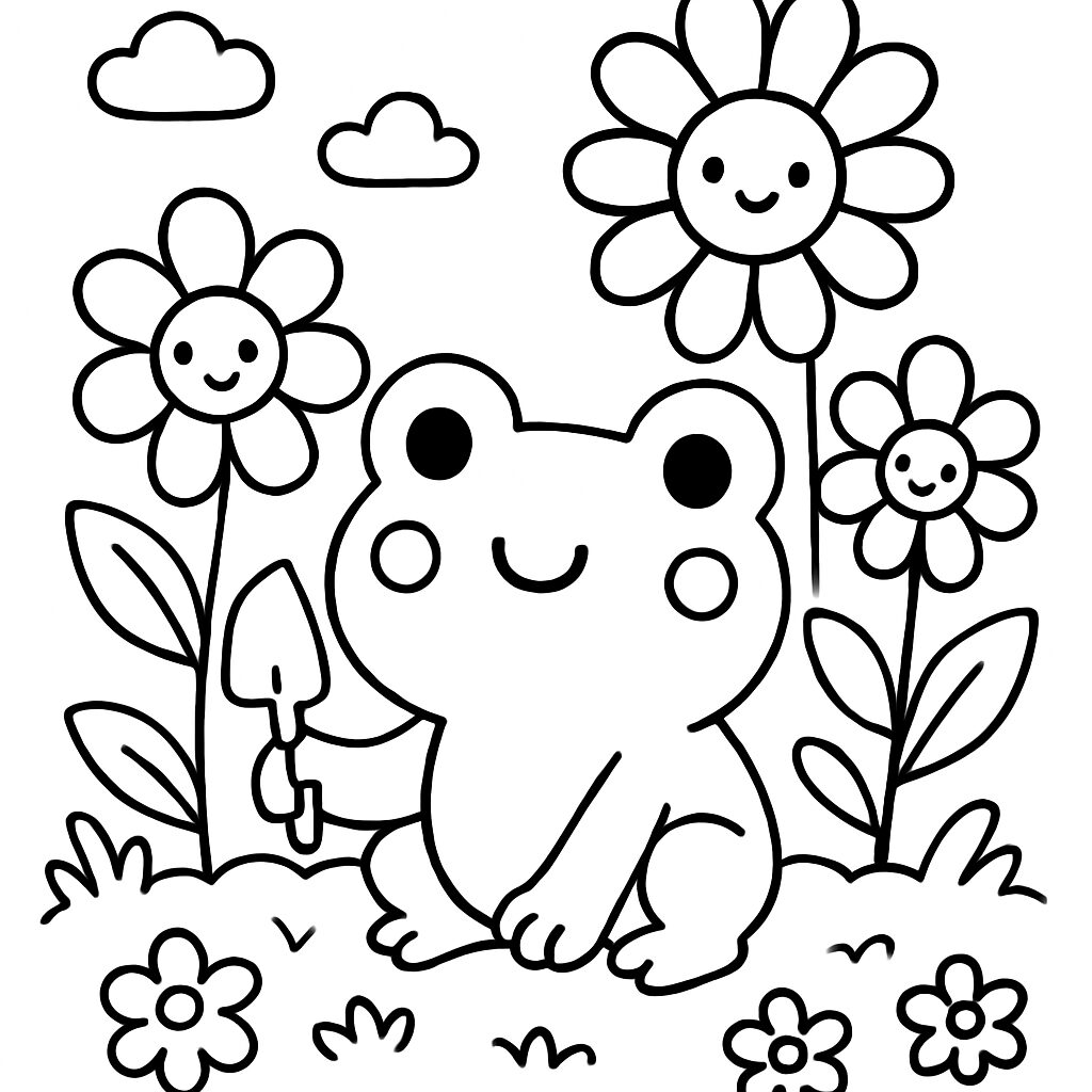 Frog Gardening Among Happy Flowers – Disegno da Colorare