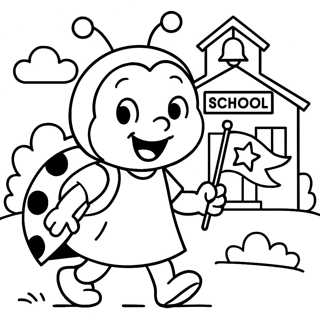 Insegnante insetto felice con bandiera vicino a scuola da colorare