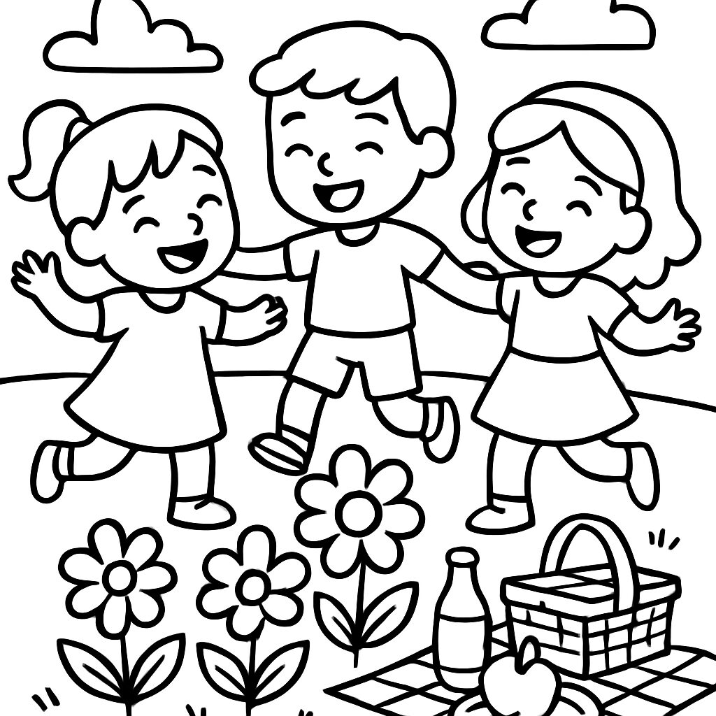 Gioia e Amicizia: Disegno da Colorare di Bambini al Picnic
